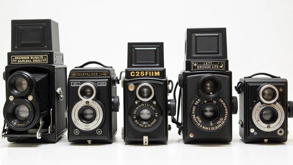 A collection of Brownie cameras with labeled film formats