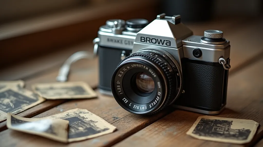 Brownie camera on a wooden table with vintage photos.