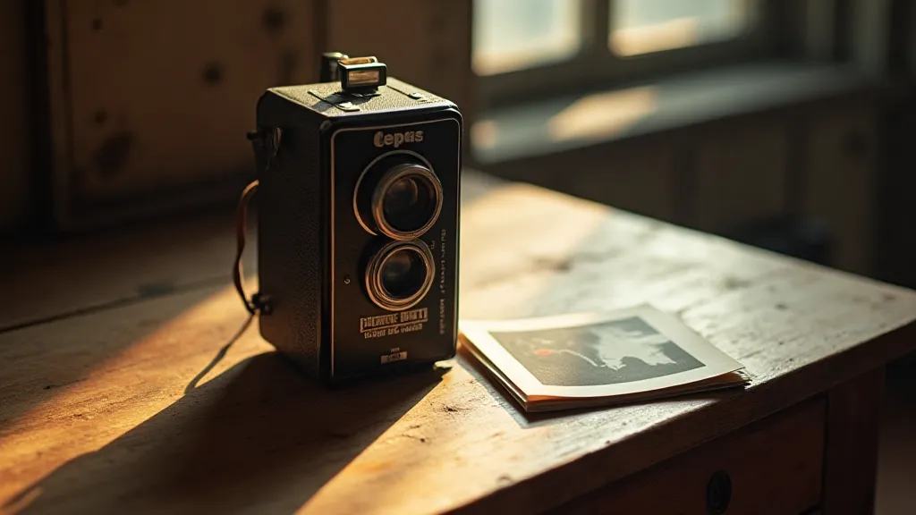 Vintage Brownie camera with stack of old photographs