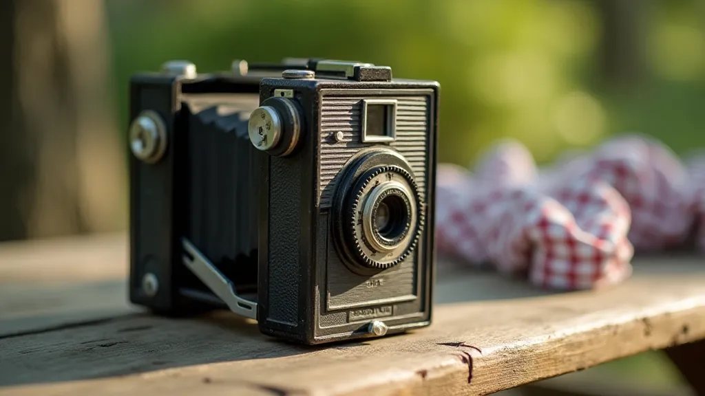 Vintage Brownie camera on a picnic table