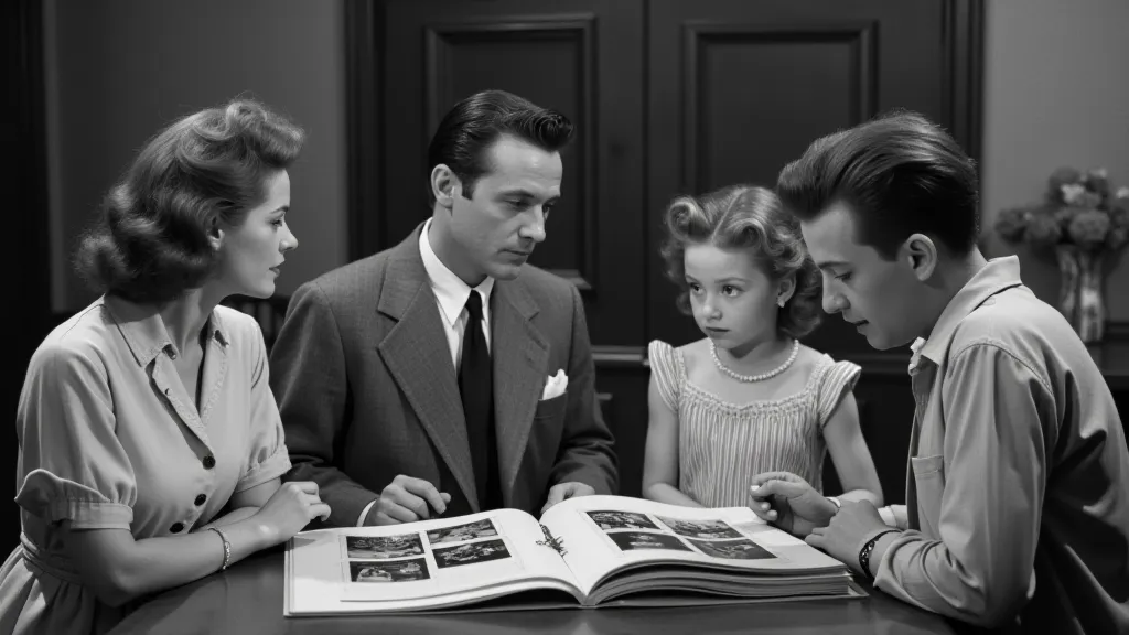 Family looking at a photo album with Brownie snapshots